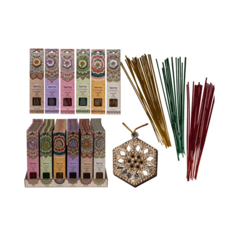 Bastoncini d'incenso Karma con supporto decorativo, 6 ass., set da 40, 72 set per display