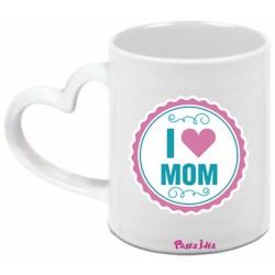 Tazza in ceramica con manico a cuore con stampa i love mom festa della mamma