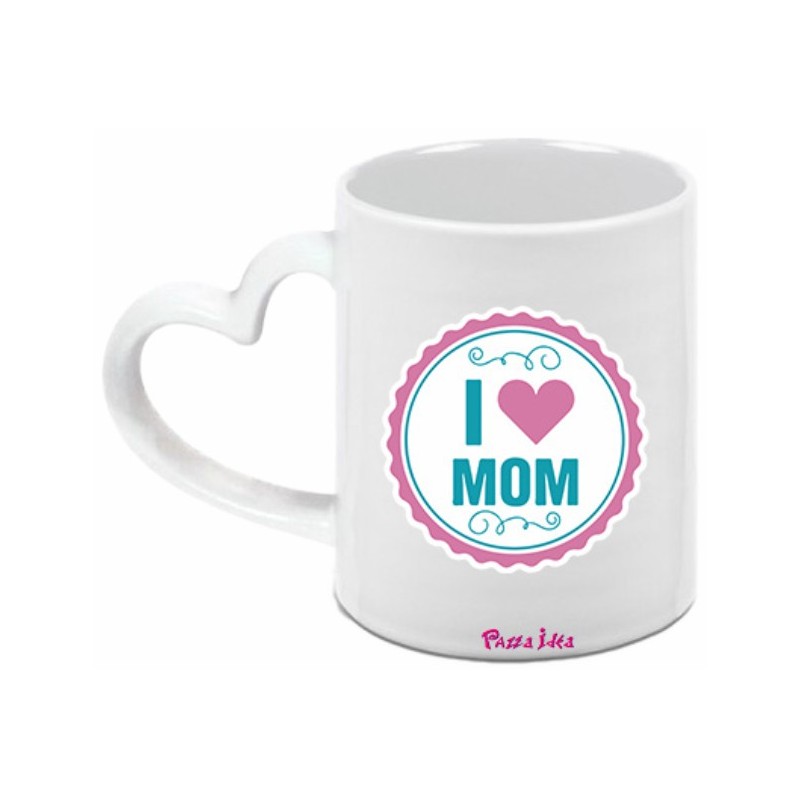 Tazza in ceramica con manico a cuore con stampa i love mom festa della mamma