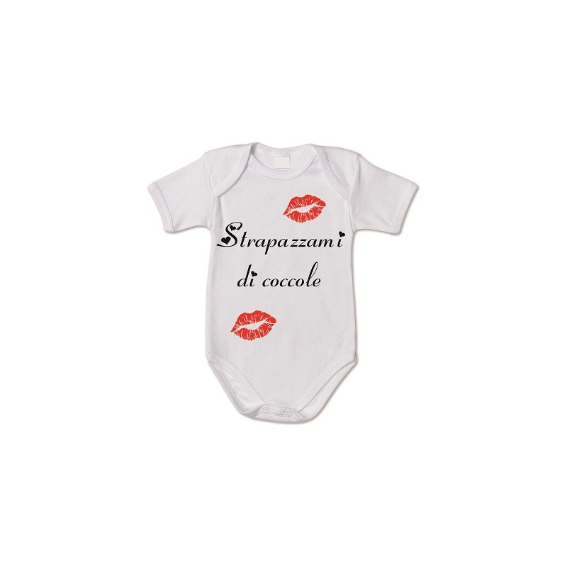 body bianco bambino con scritta strapazzami di coccole