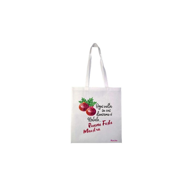 Borsa in poliestere con frase: buone feste maestraM36x40