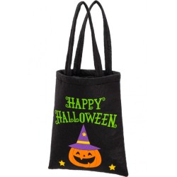 Borsina in feltro nero con zucca e scritta "HAPPY HALLOWEEN" che misura h.cm.42x21 ca., perfetta da riempire di dolcetti.