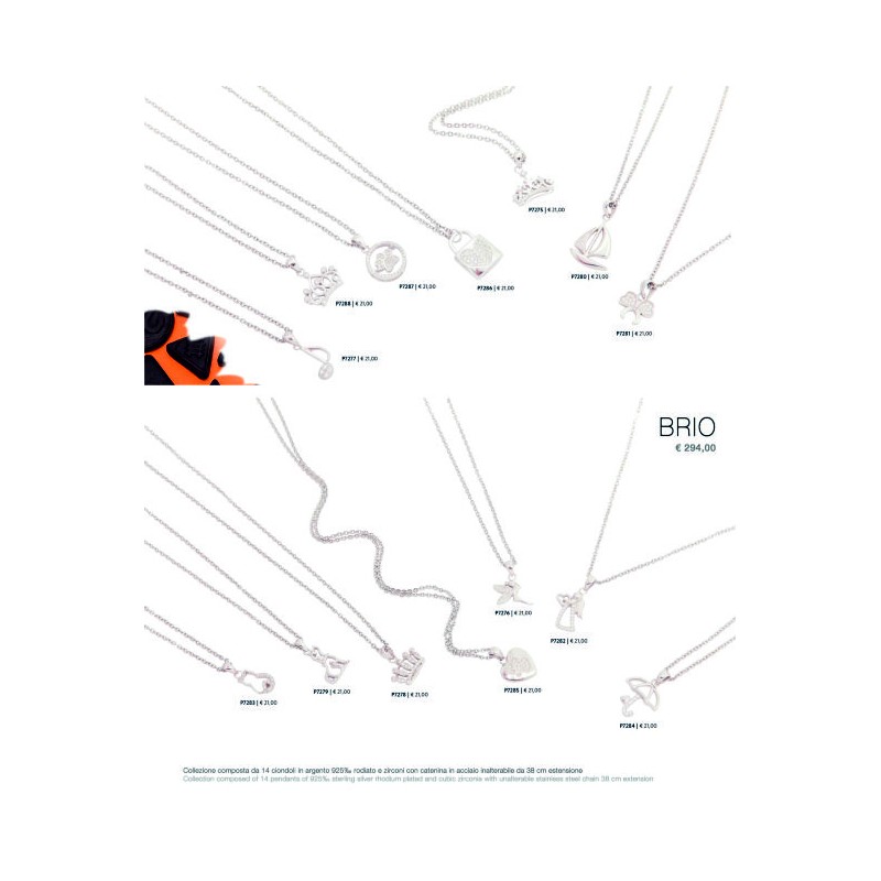 brio collezione composta da 14 ciondoli in argento 925% rodiato e zirconi con catenina in acciaio inalterabile da 38 cm