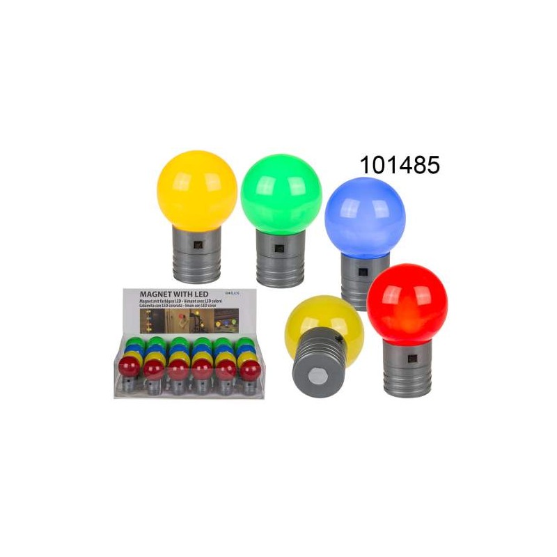 Calamita in plastica, Pallina colorata, con LED (pile incl.), ca. 4,5 cm, 4 colori ass., 24 pz. per display,