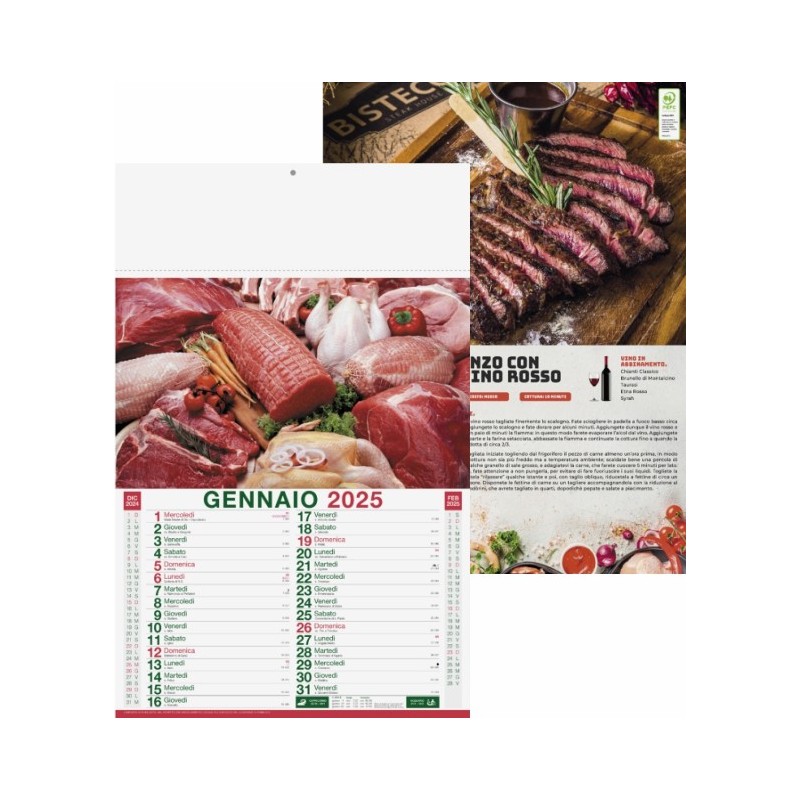 kit 100 calendario carne macelleria mensile 12 fogli con testata termosaldata, festività internazionali. Personalizzato con vos