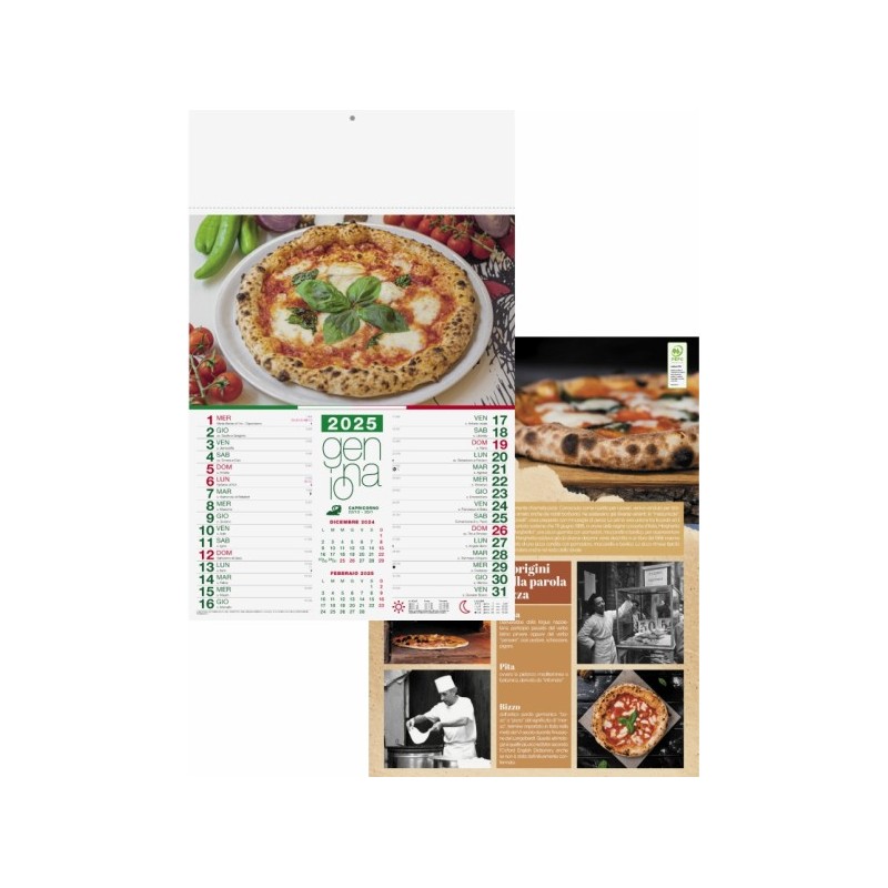 kit 100 calendario pizza mensile 12 fogli con testata termosaldata, festività internazionali personalizzato con stampa adesiva