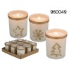 Candela in vasetto di vetro con decorazione glitter dorata, ca. 7 x 8,5 cm, 3 ass., 9 pz. per displayEAN 4029811405176