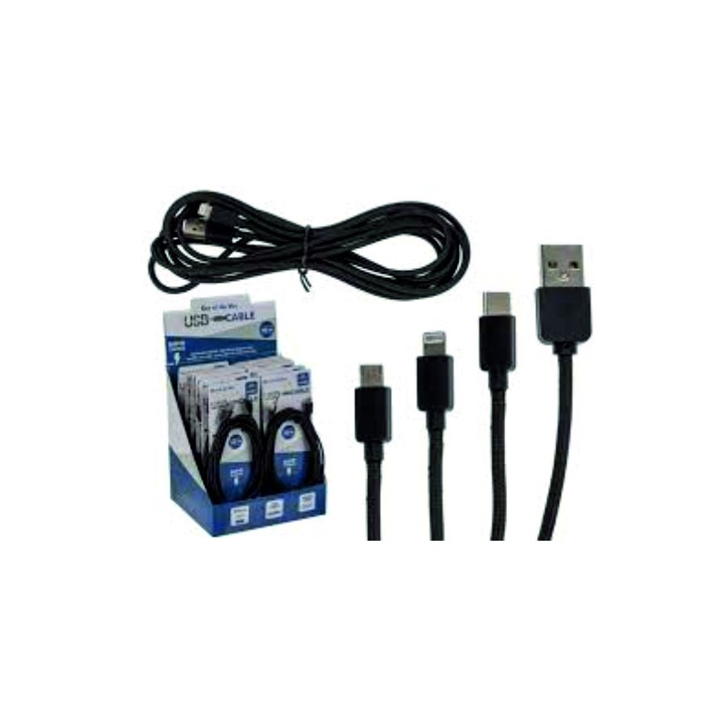 Cavo USB,a carica rapida, per iPhone, micro USB, tipo C, L: ca. 3 m, 12 pz per display