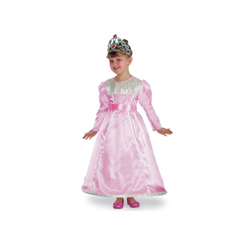 Costume Cenerentola per bambina. Composto da un abito lungo rosa con maniche a sbuffo e coroncina. Vestito da principessa