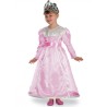 Costume Cenerentola per bambina. Composto da un abito lungo rosa con maniche a sbuffo e coroncina. Vestito da principessa