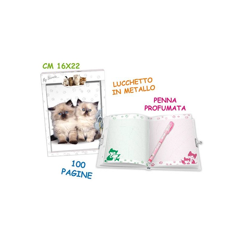 Diario con glitter, lucchetto e penna  gatto