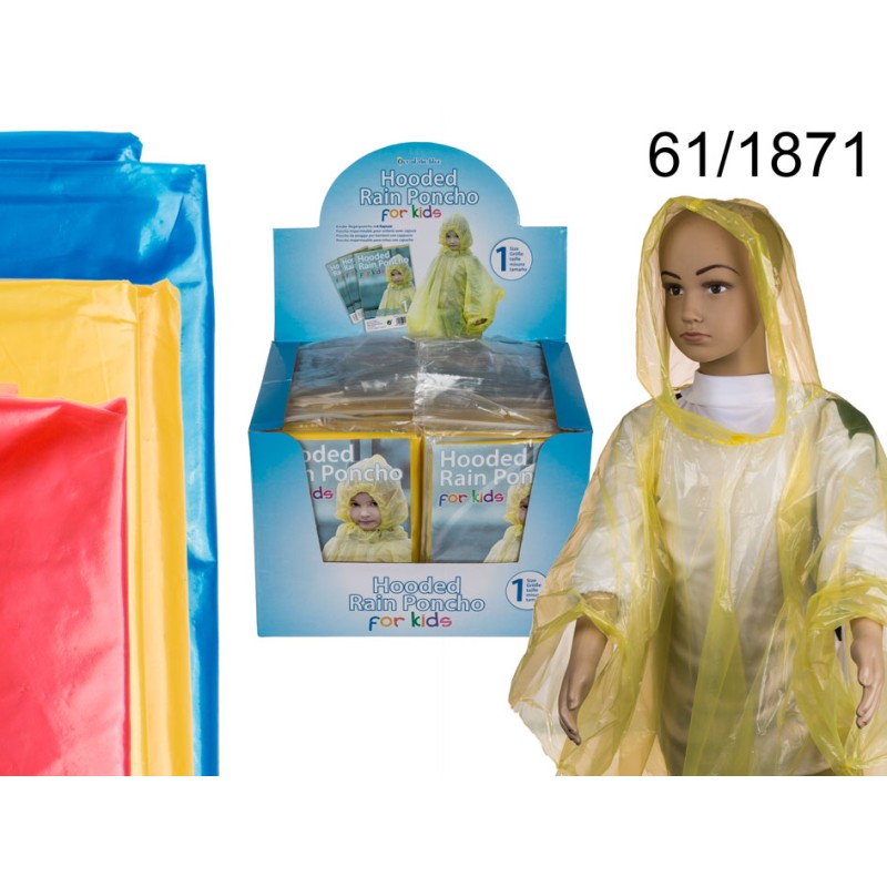  Poncho da pioggia con cappuccio per bambini, misura unica, 3 colori ass., in sacchetto di plastica da appendere pezzi 36 perr 