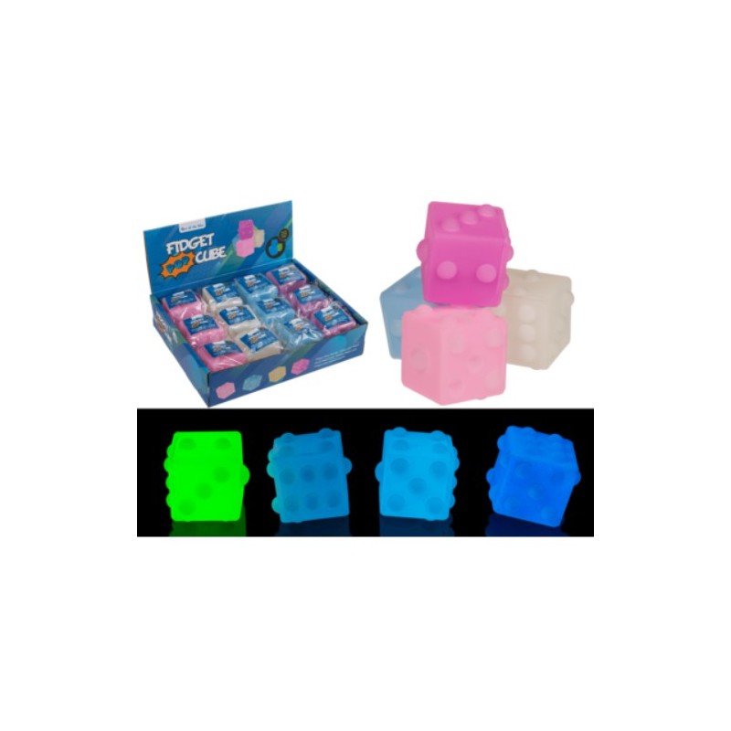 Giocattolo Fidget Pop, Cubo,fosforescente, circa 5 cm, 4 colori ass., 12 pz. per display