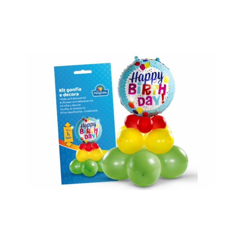 KIT100 Gonfia e decora happy birtday h 75 cm  : divertiti a preparare la tua festa con il pratico e facile kit super colorato e