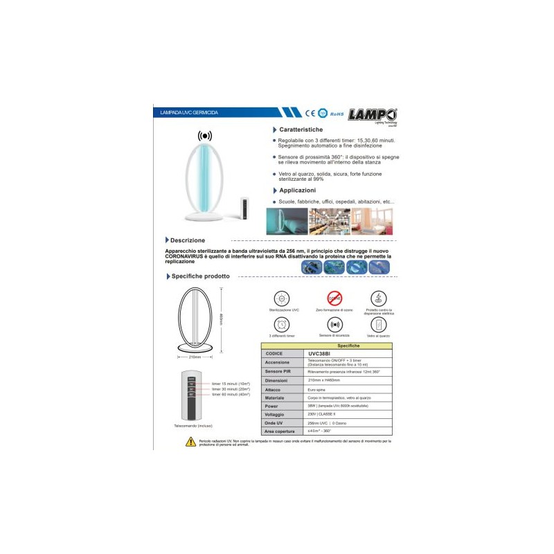 Lampada uv apparecchio sterilizzante a banda ultravioletta da 256 nm con pricipio attivo contro il coronavirus area copertura m