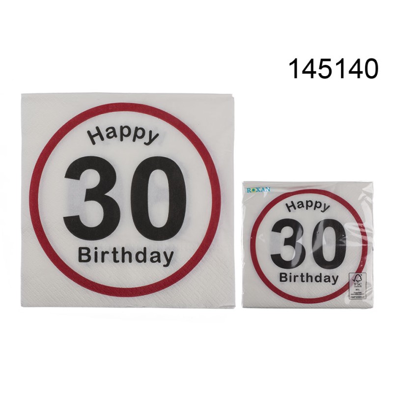 145140 - Tovaglioli di carta, Happy Birthday - 30, ca. 33 x 33 cm, a 3 strati, 20 pz. in sacchetto di plastica, 672/PALEAN 4029