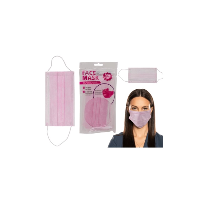 Maschera per bocca e naso, pink,3 strati, misura unica, con elastici, 10 pz. in busta di plastica