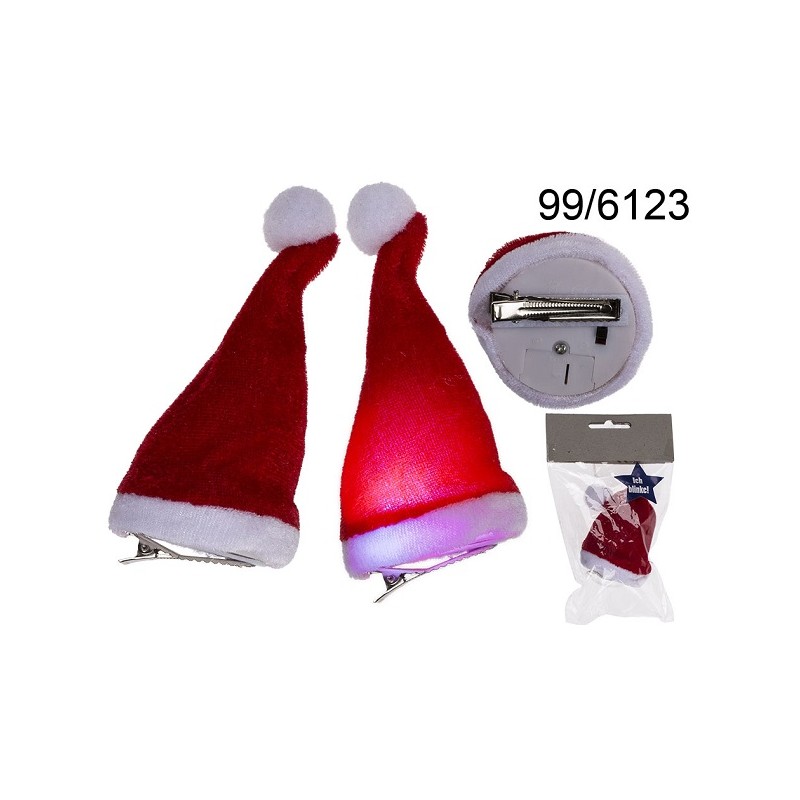 Molletta per capelli in peluche, Cappello di Natale con LED, ca. 12 cm, per 3 pile a bottone (G3), in sacchetto di plastica con