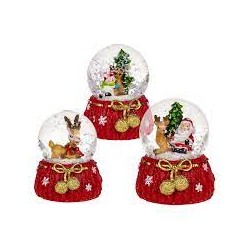 Palla di neve con renna & Babbo Natale,su base rossa, ca. 5, 5, x 6, 5 cm, in poliresina, 3 ass., 12 pz. per display