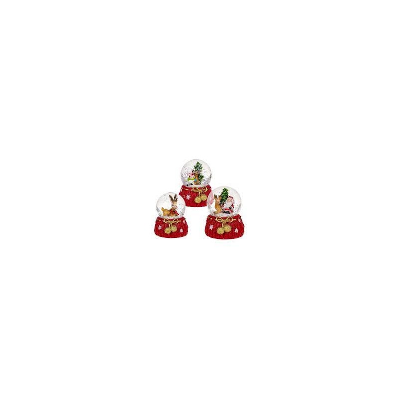 Palla di neve con renna & Babbo Natale,su base rossa, ca. 5, 5, x 6, 5 cm, in poliresina, 3 ass., 12 pz. per display