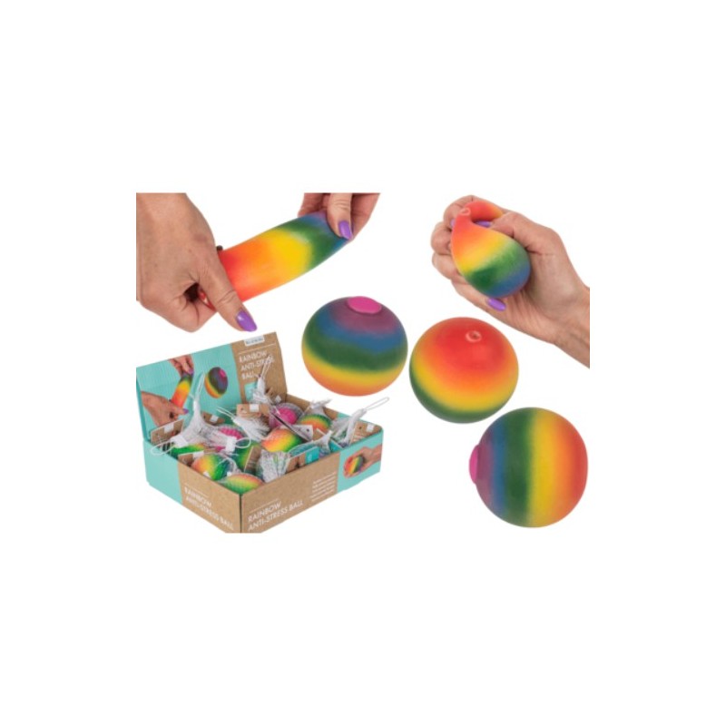 Palla squeeze antistress, Arcobaleno, ca. 6 cm,in rete con headercard, 12 pz. per display