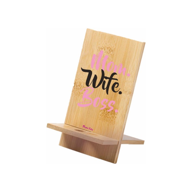 Porta cellulare in legno con stampa mom wife boss festa della mamma