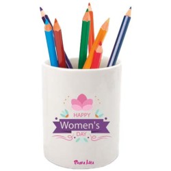 Portapenne in ceramica con stampa happy woman's day festa della donna