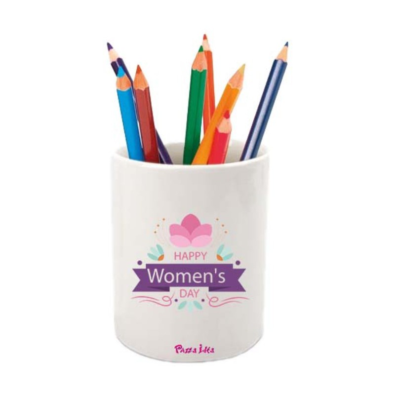 Portapenne in ceramica con stampa happy woman's day festa della donna