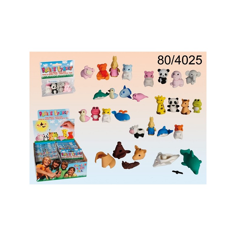 Puzzle gomma da cancellare, ca. 4 x 2 cm, 6 serie ass., 4 pz. in sacchetto di plastica con header card, 24 pz. per display