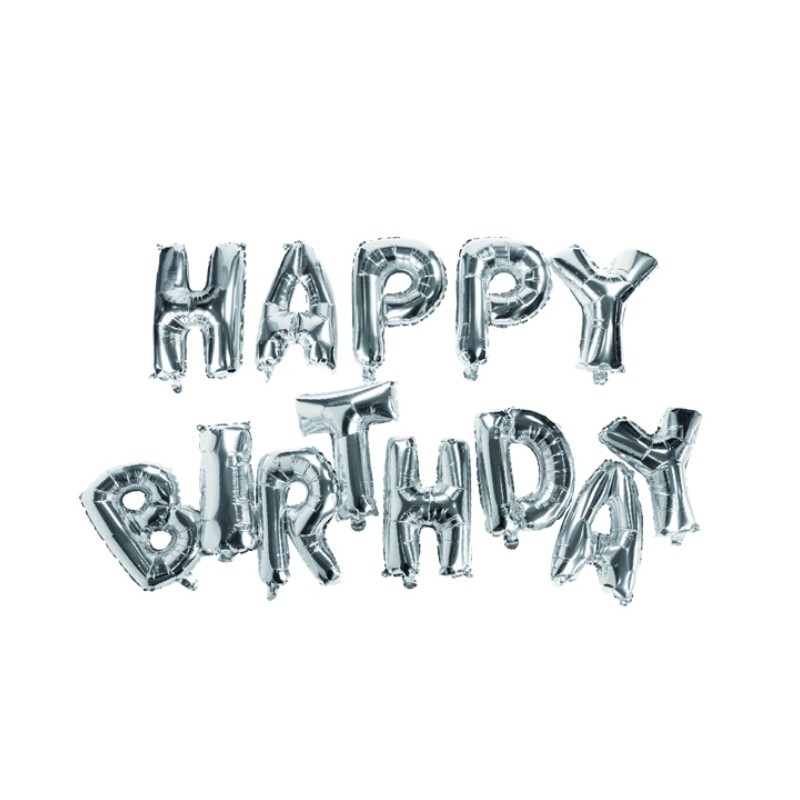 SCRITTA GONFIABILE “HAPPY BIRTHDAY” ARGENTO DA 13 LETTERE IN FOIL H.35 cmORDINE MINIMO 2 PZ