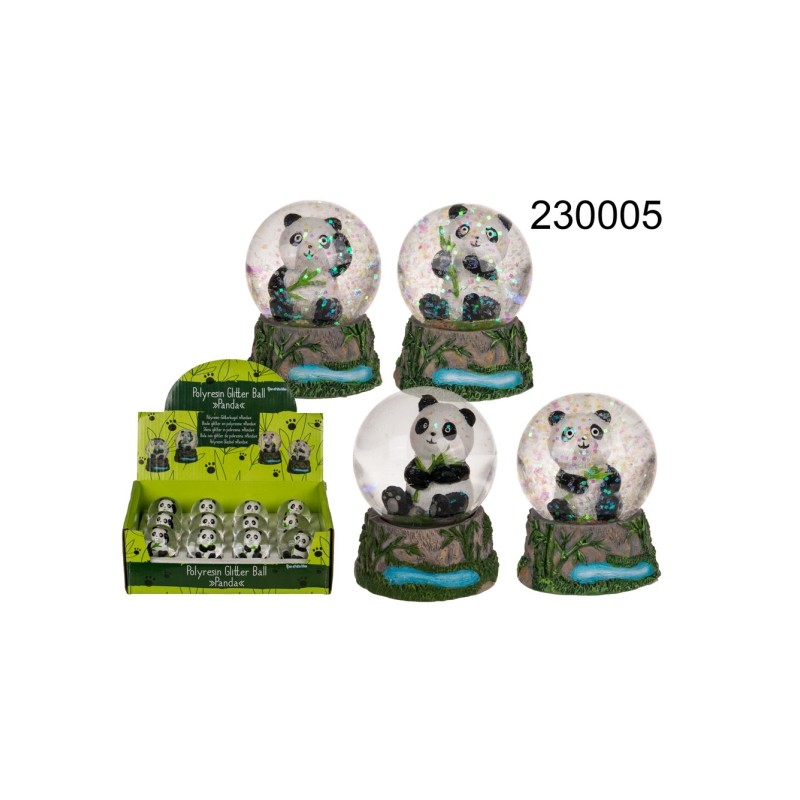 Sfera glitter in poliresina, Panda, su base decorativa in bambù, ca. 6 x 5 cm, 4 ass., 12 pz per display, EAN 4029811417209