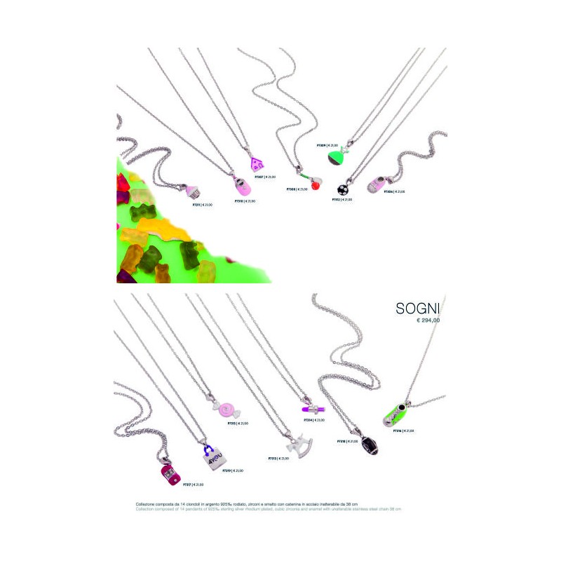 SOGNI composto da 14 ciondoli in argento 925% rodiato , zirconi e smalto con catenina in acciaio inalterabile da 38 cm