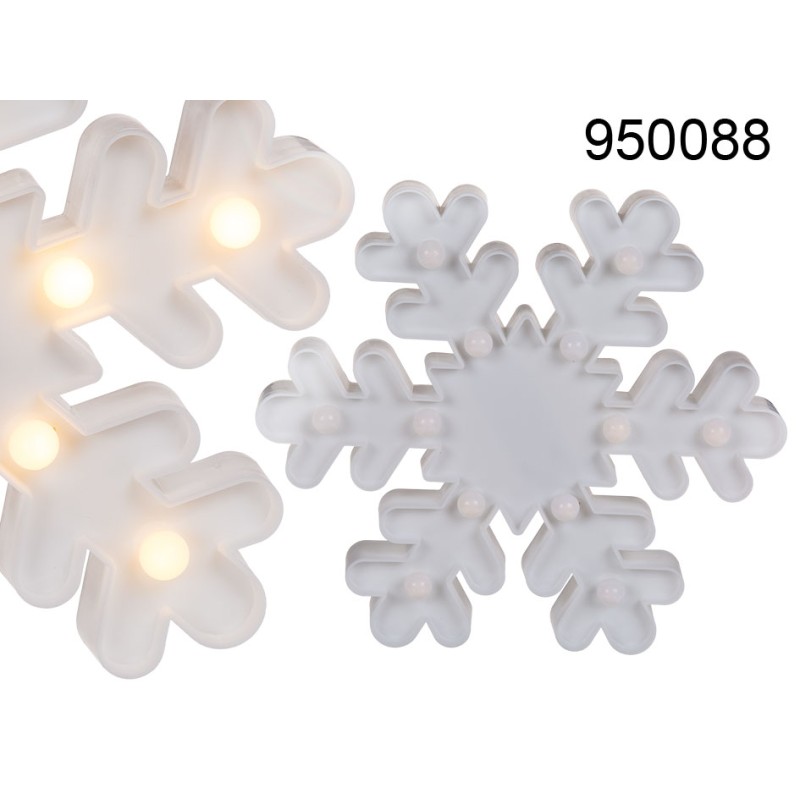 950088 - Fiocco di neve in plastica con 12 LED luce bianca calda, ca. 25 cm per 2 pile AA in box pvcMINIMO 12 PEZZIEAN 40298113