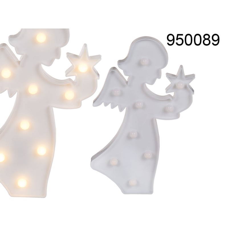 950089 - Angelo bianco in plastica con 9 LED luce calda. ca 28 x 16 cm per 2 pile AA in box pvcMINIMO 12 PEZZIEAN 4029811384822