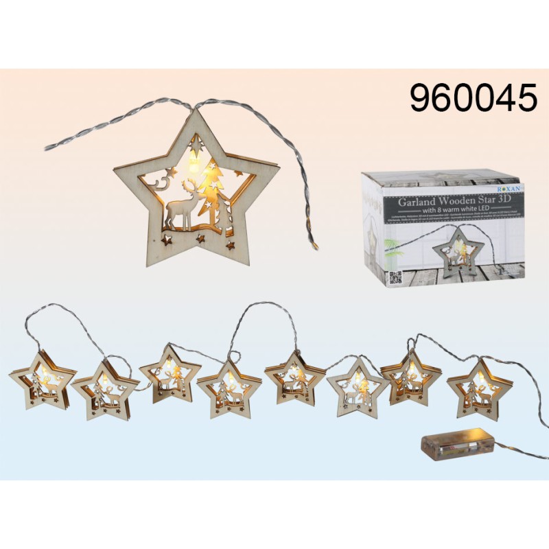 960045 - Ghirlanda, Stella in legno 3D con 8 LED bianche calde, ca. 8 cm, L:  ca. 2m, per 2 pile mignon AA in confezione regalo