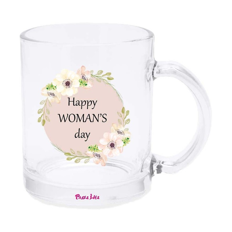 Tazza in vetro con stampa happy woman's day festa della donna