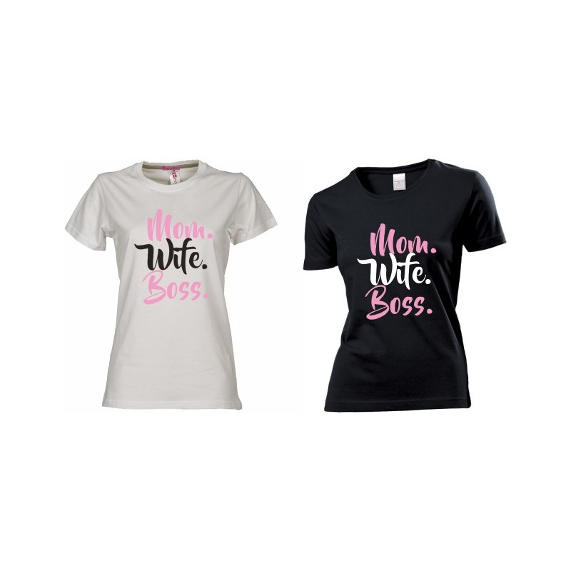 T-shirt con stampa mom wife boss festa della mamma