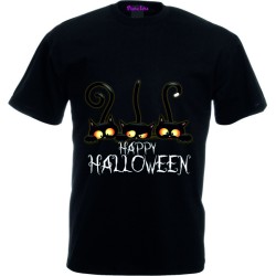 T-shirt nera con stampa happy halloween gatti