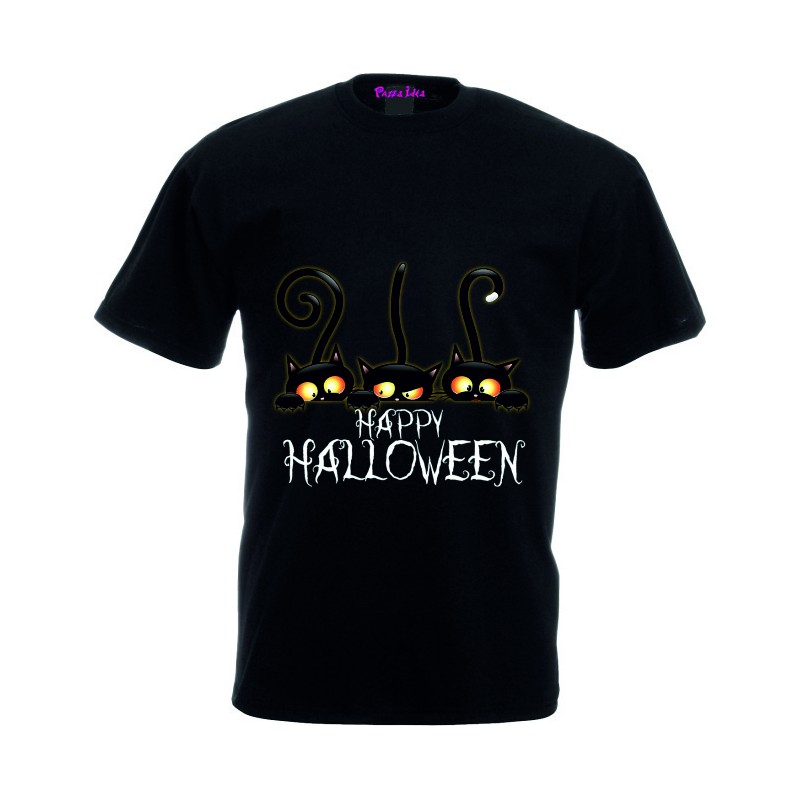 T-shirt nera con stampa happy halloween gatti