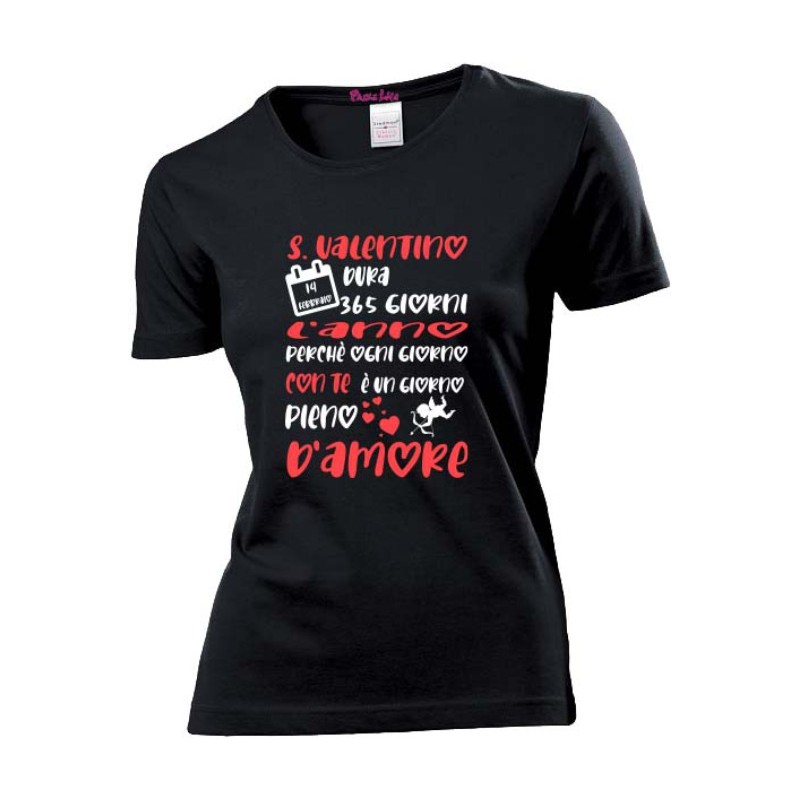 T-shirt nera donna con stampa san valentino dura 365 giorni