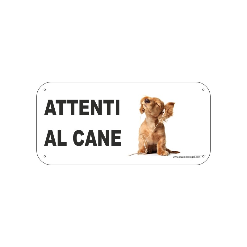 Targhetta in metallo ATTENTI AL CANE cocker con cuffie cm 18,2x8,2