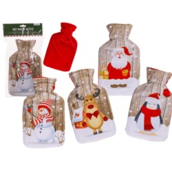 Borsa dell'acqua calda,tema natalizio con Babbo Natale, pinguino, pupazzo di neve e renna ass., con cover in 100% poliestere, c