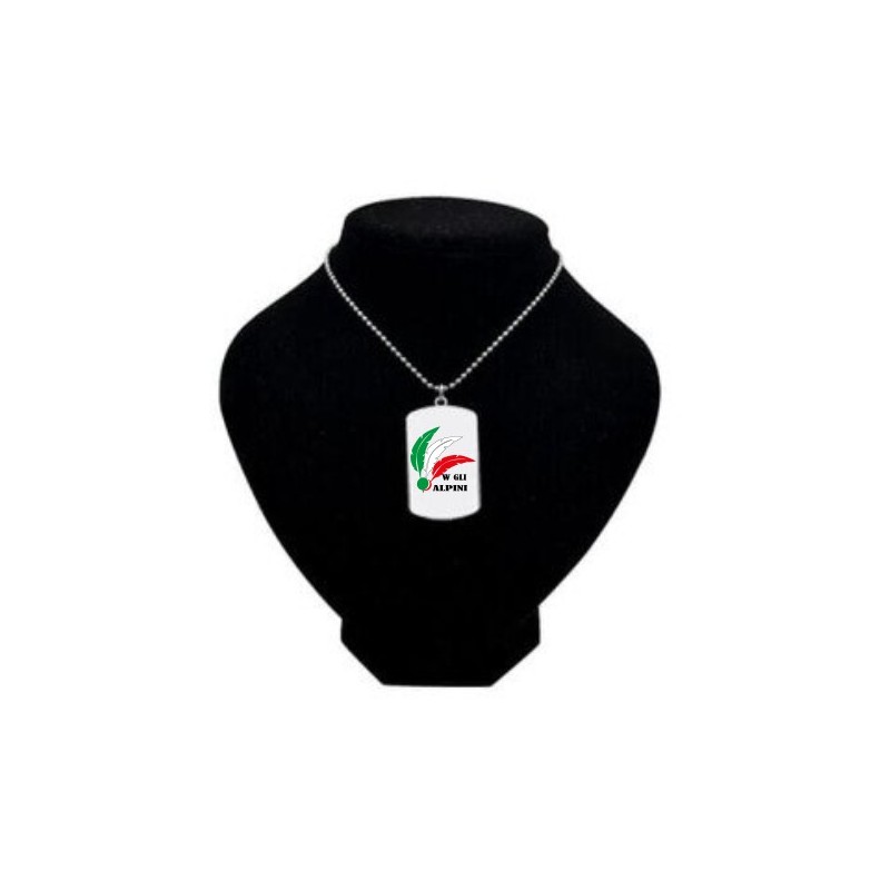 Collana con piastrina con stampa W gli alpini penne tricolore