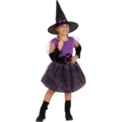 Costume streghetta viola per bambina composto da abito e cappello