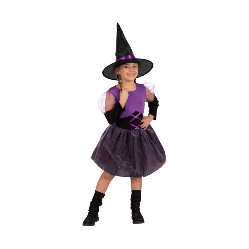 Costume streghetta viola per bambina composto da abito e cappello