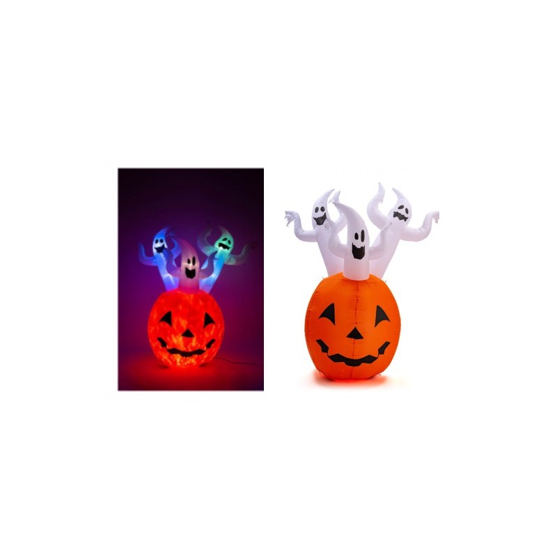 Grande decorazione gonfiabile a tema Halloween, si compone da una grande zucca luminosa dalla quale si ergono 3 fantasmi. Funzi