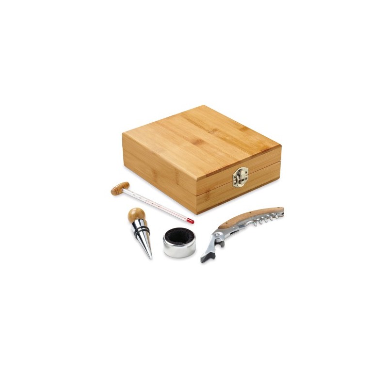 Set vino 4 accessori in elegante scatola regalo in legno. Include cavatappi professionale, tappo per bottiglia, salva goccia e 