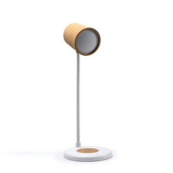 Lampada da tavolo con dettagli in sughero, con caricatore wireless integrato da 10W sulla base e speaker wireless da 3W. Luce L